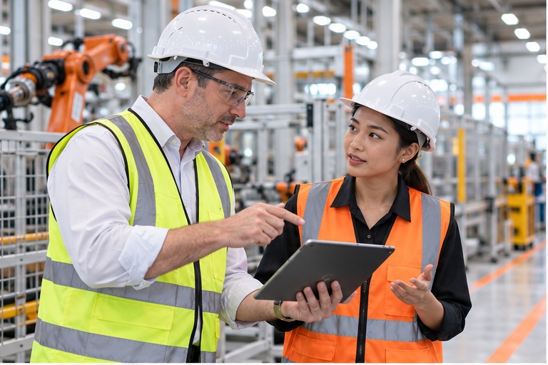 Engineering professionals discussing technical work